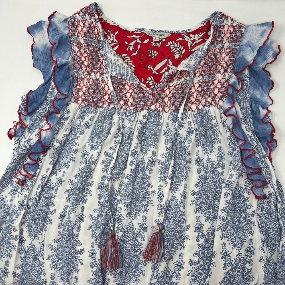 John Mark Womens Blue Red Mixed Print Flutter Sleeve Smocked Babydoll Top Large